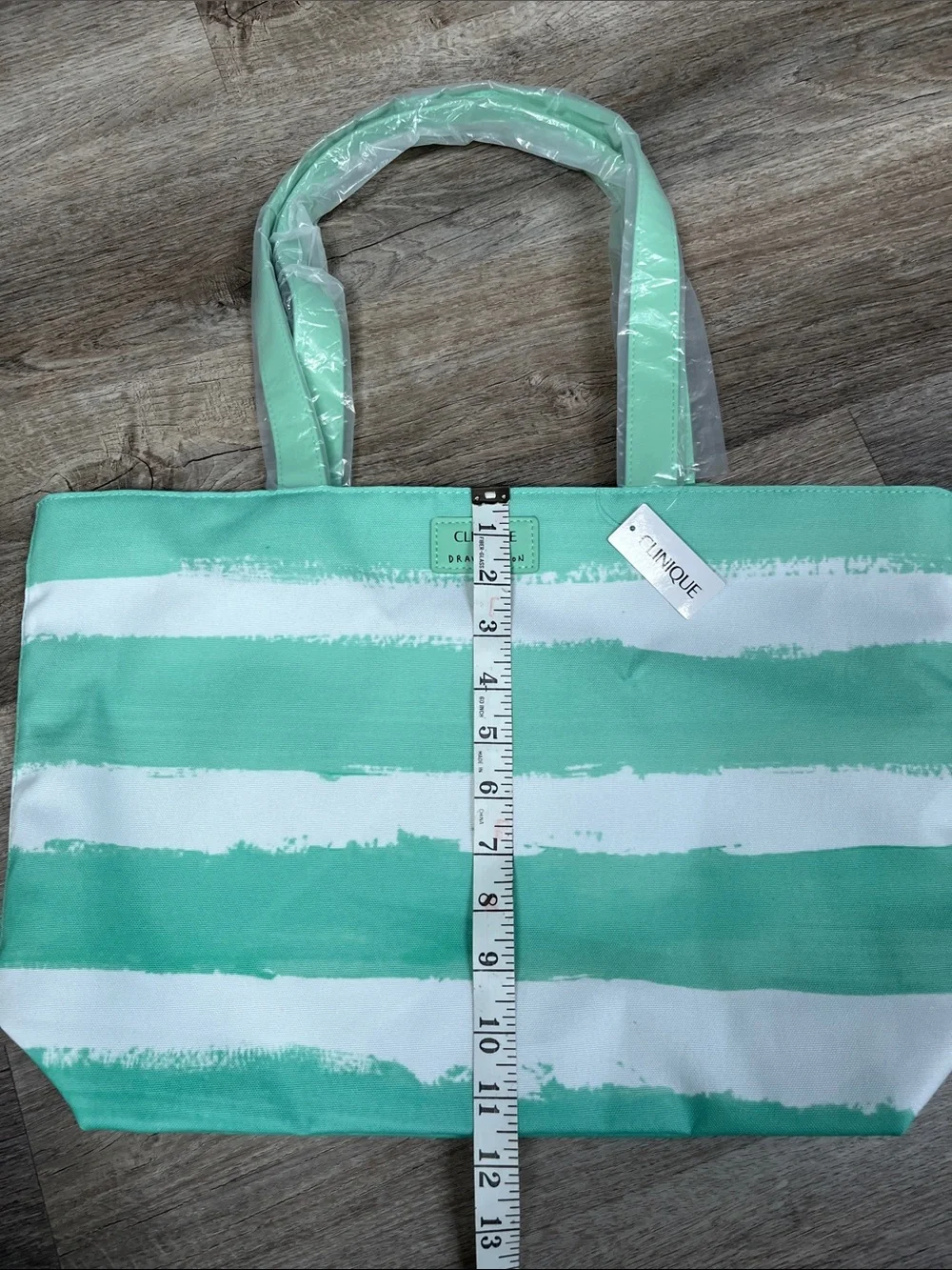 Clinique x Drawbertson Green and White Striped Tote with Matching Pouch NWT